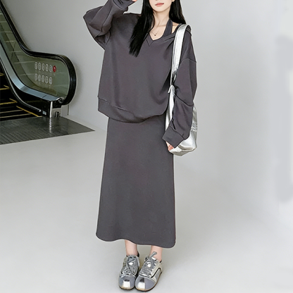 上品感 フード付き 無地 パーカー+ロング ワンピース セットアップ