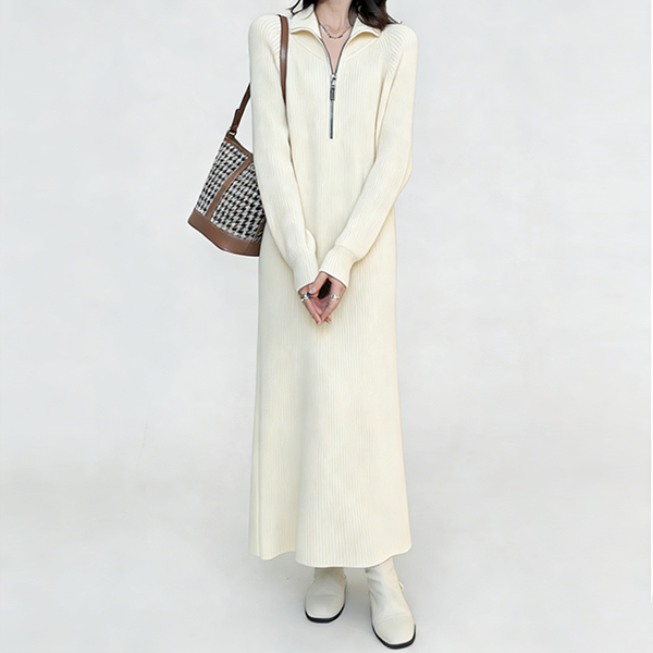 長袖 折り返す 無地 ジッパー付き ロング ニットワンピース