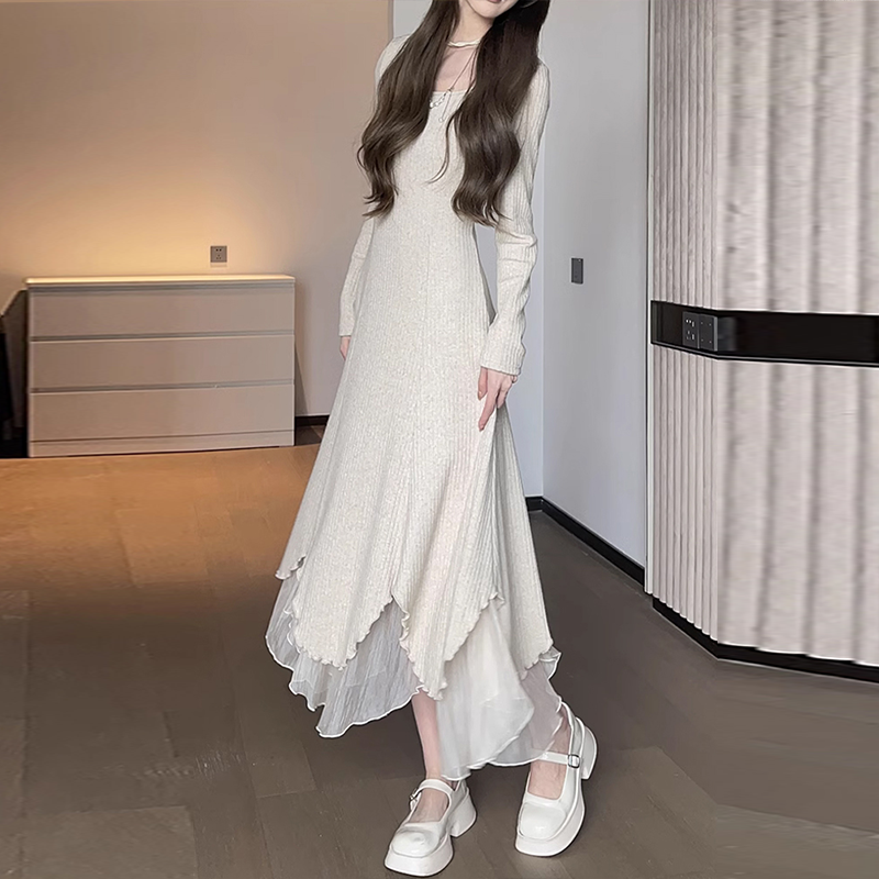 細見え 秋冬 無地 シンプル 長袖 ニットワンピース