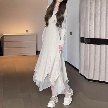 細見え 秋冬 無地 シンプル 長袖 ニットワンピース