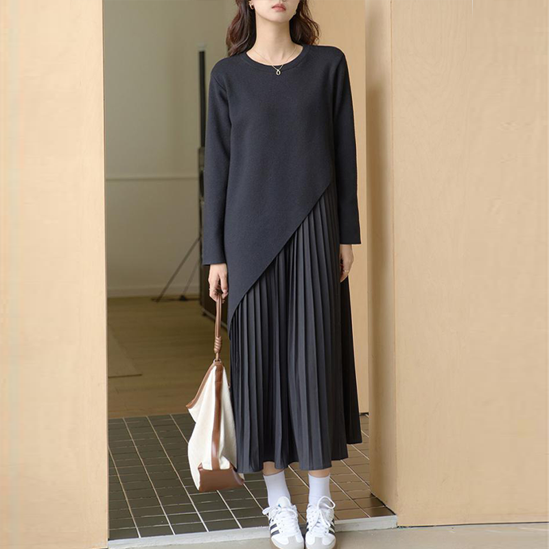 レイヤード風 無地 プルオーバー ドッキング ニットワンピース