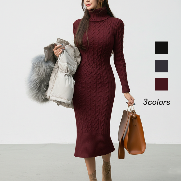 無地 長袖 キュート スウィート ハイネック ニットワンピース