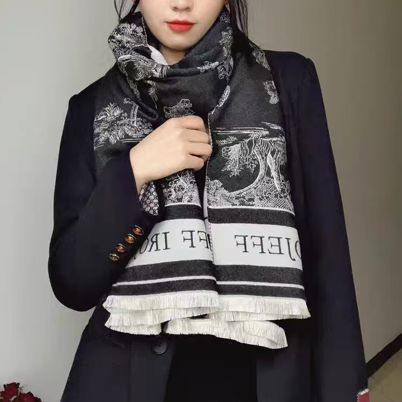 かわいい レトロ調 ボタニカル柄 カシミヤ100% 厚手 マフラー