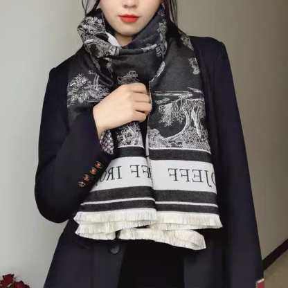 かわいい レトロ調 ボタニカル柄 カシミヤ100% 厚手 マフラー