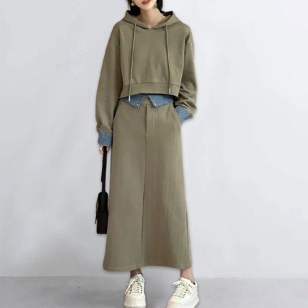 着替え簡単 フード付き パーカー+ロングス カート セットアップ