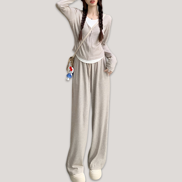 丸襟 ジッパー付き トップス+パンツ レディース セットアップ
