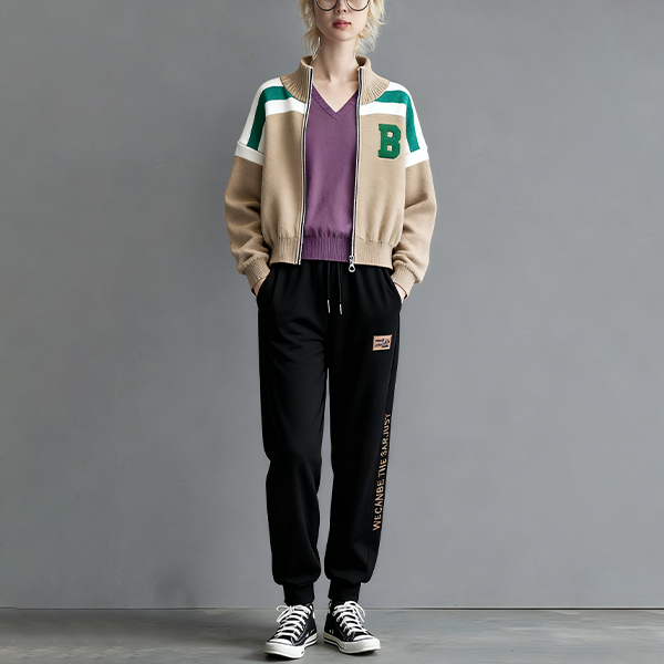 配色 カジュアル シンプル 長袖 上下セット