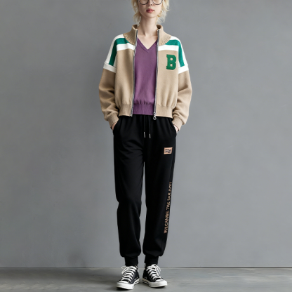 配色 カジュアル シンプル 長袖 上下セット