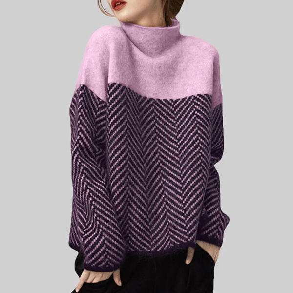 ルーズ 配色 ストライプ柄 半高襟 ニット