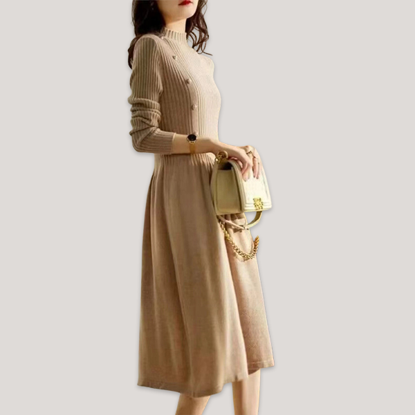 大活躍 ボタン付き 無地 カジュアル ニットワンピース
