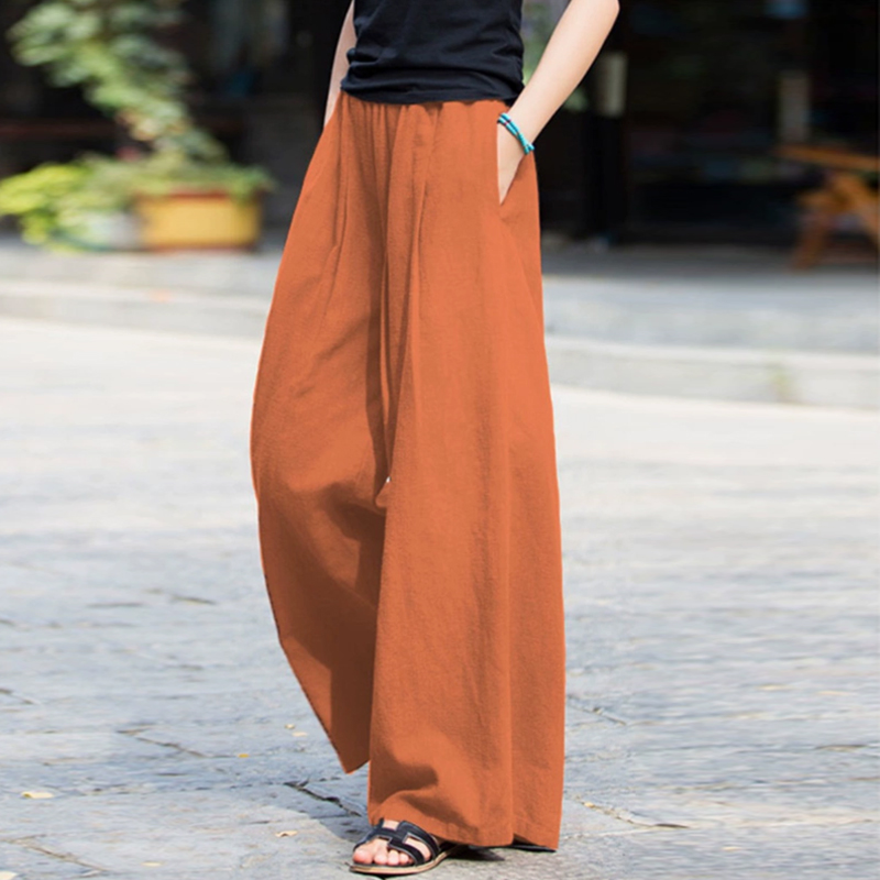 カジュアル 無地 リネン ロング丈 ガウチョパンツ