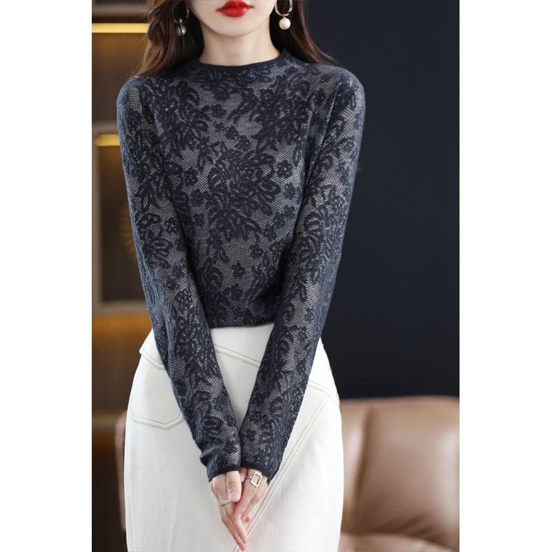 レディース ハイネック 長袖 レース ニット