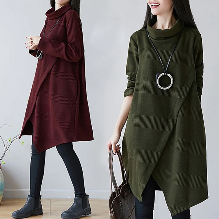 厚手 無地 コットン ラウンドネック カジュアルワンピース