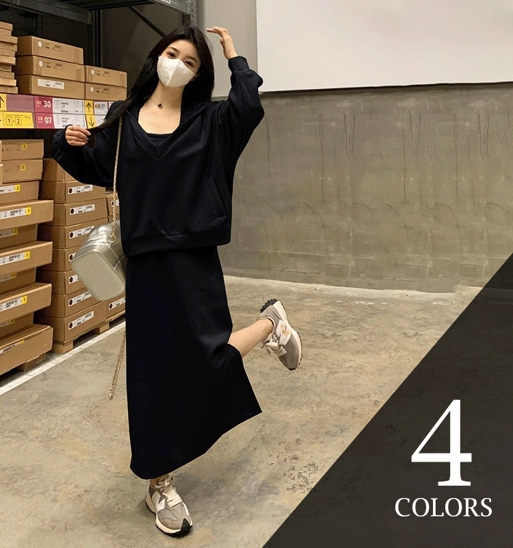 上品感 フード付き 無地 パーカー+ロング ワンピース セットアップ