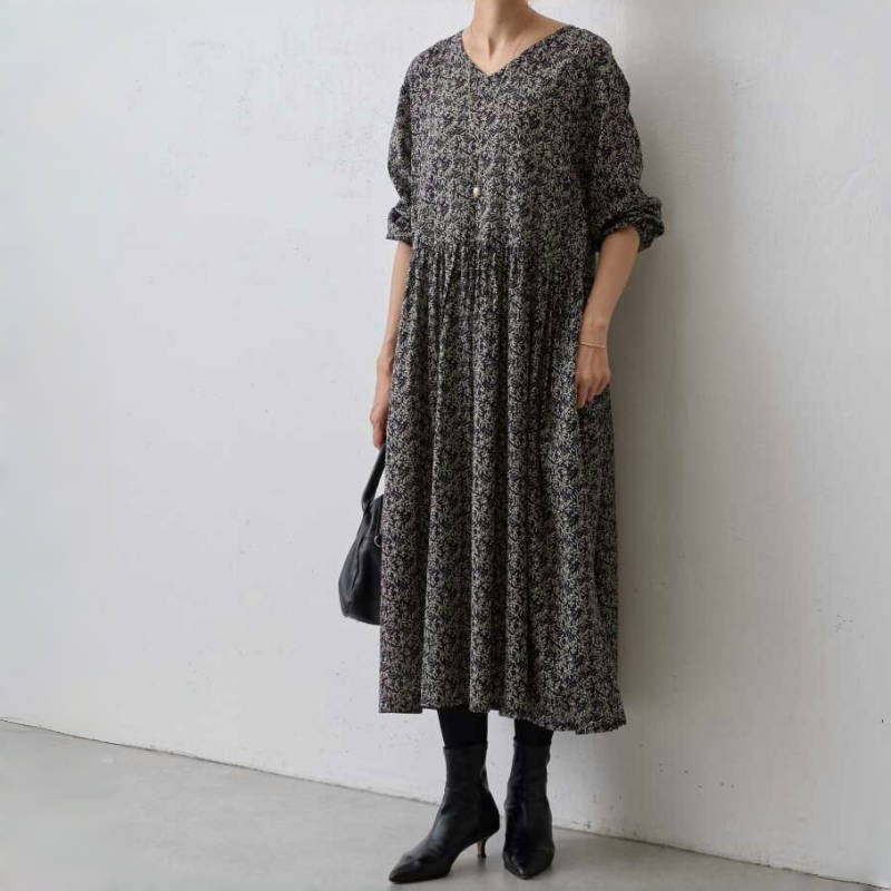 フレンチ スモールフラワー V ネック ルーズ ふわっと袖 小柄 ロングワンピース