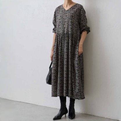 フレンチ スモールフラワー V ネック ルーズ ふわっと袖 小柄 ロングワンピース