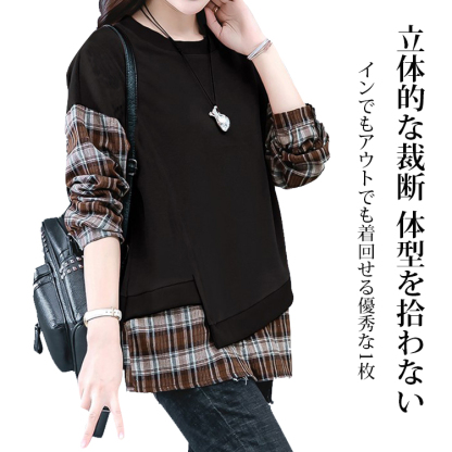 カジュアル スウェット チェック柄 ラウンドネック パーカー