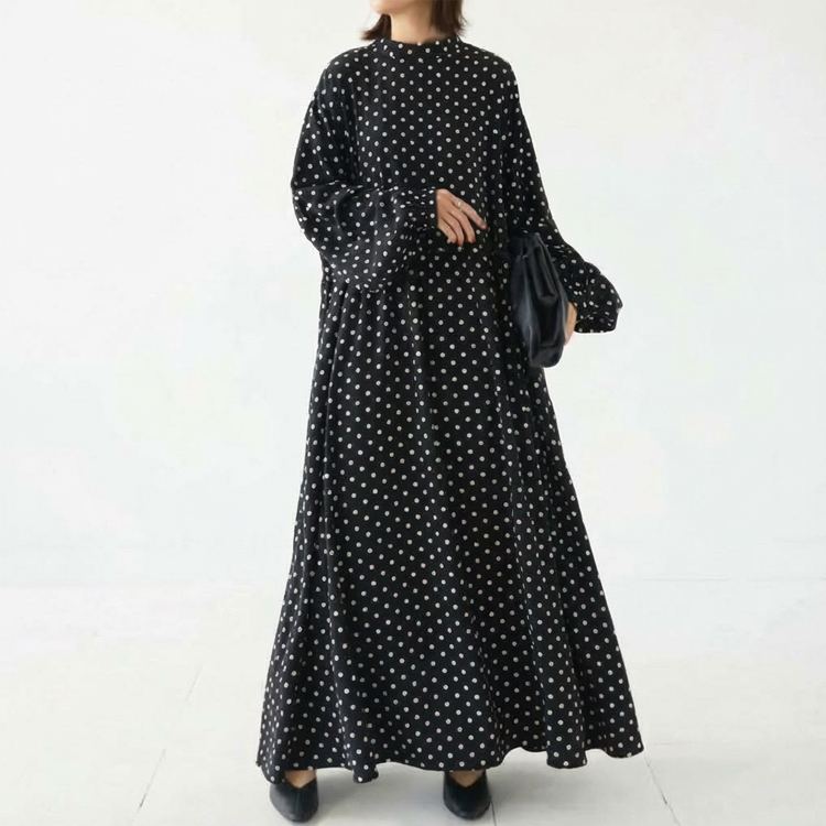 ドットギャザー ロング丈 カジュアル シンプル 長袖 ワンピース