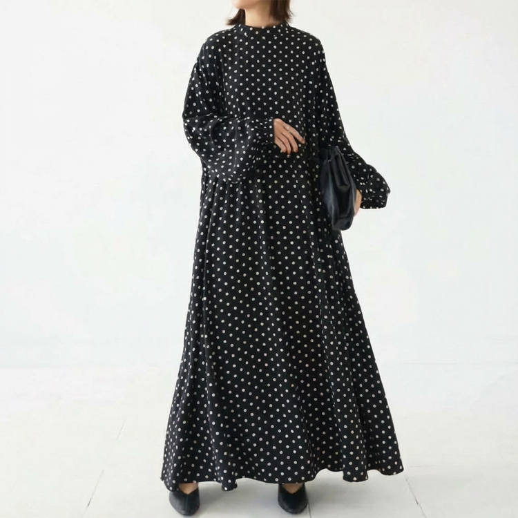 ドットギャザー ロング丈 カジュアル シンプル 長袖 ワンピース
