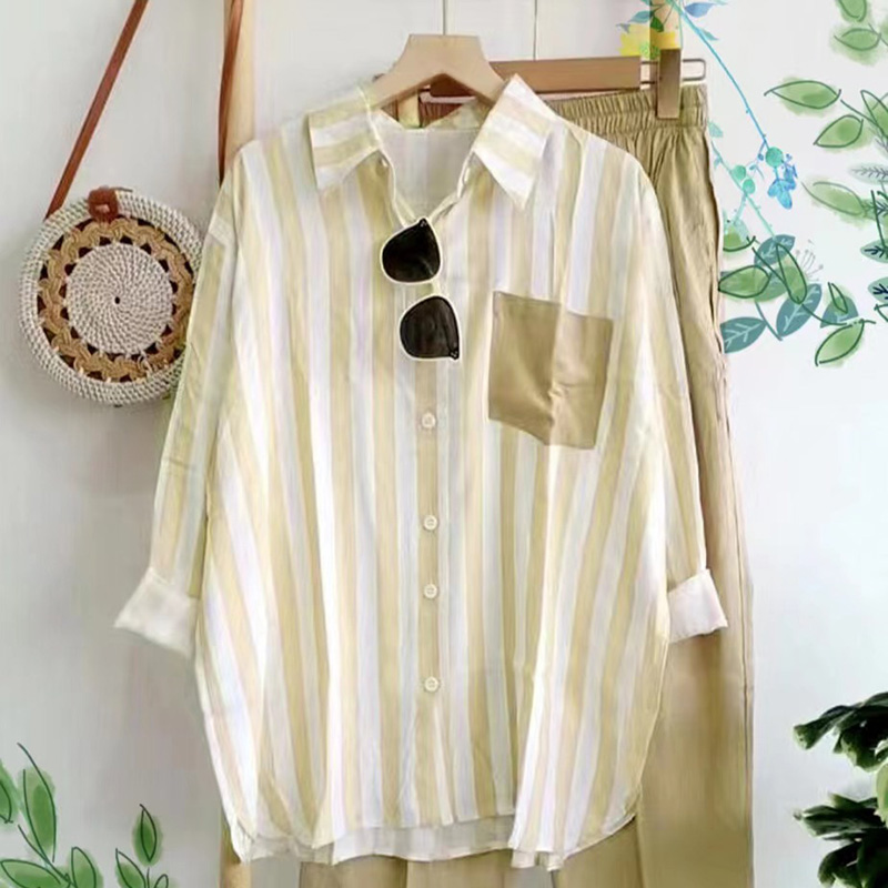 レディース カジュアル ストライプ柄 長袖 シャツ 上下セット