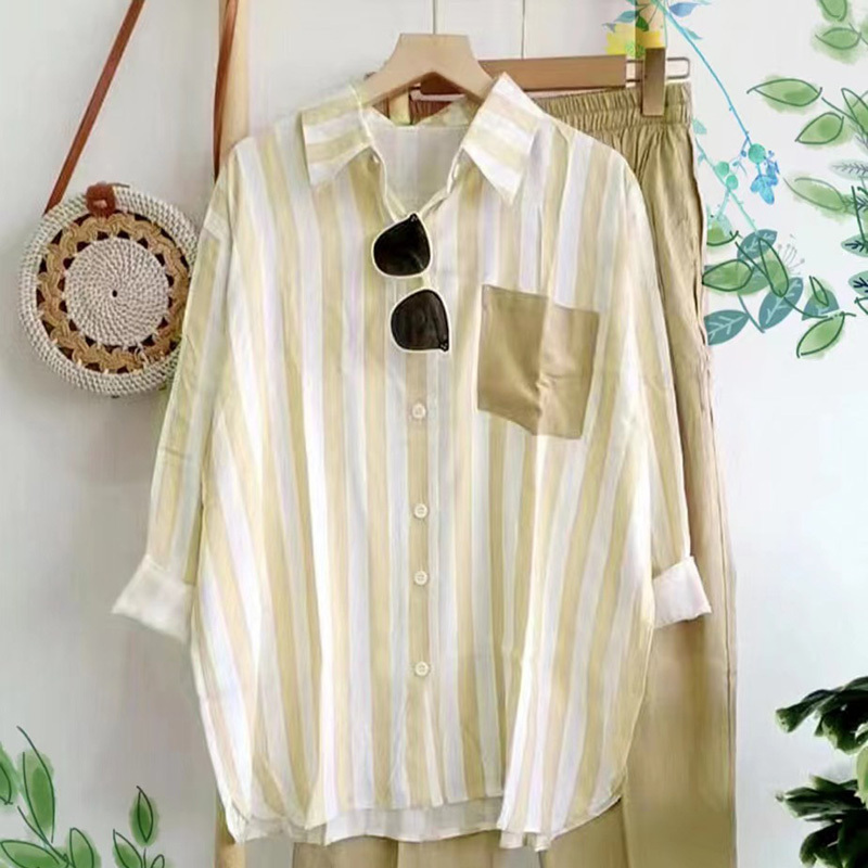 レディース カジュアル ストライプ柄 長袖 シャツ 上下セット