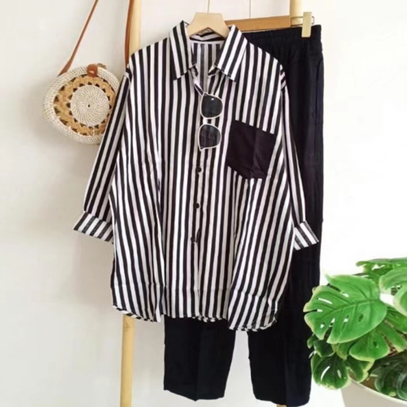 レディース カジュアル ストライプ柄 長袖 シャツ 上下セット