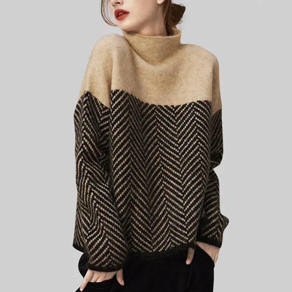 ルーズ 配色 ストライプ柄 半高襟 ニット