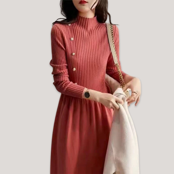 大活躍 ボタン付き 無地 カジュアル ニットワンピース