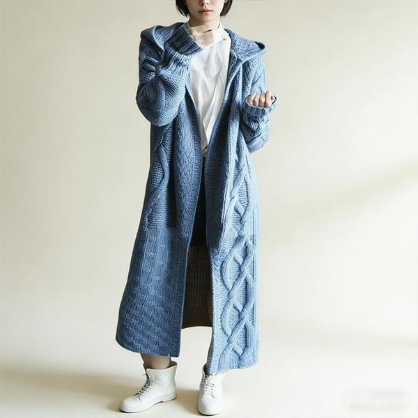 動きやすい シンプル フード付き ロング丈 ニット コート
