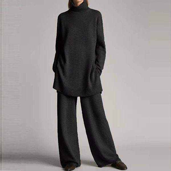 ハイネック カジュアル ニット+ワイドパンツ 2点セット