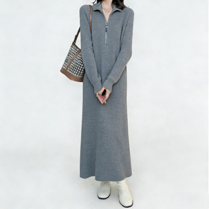 長袖 折り返す 無地 ジッパー付き ロング ニットワンピース