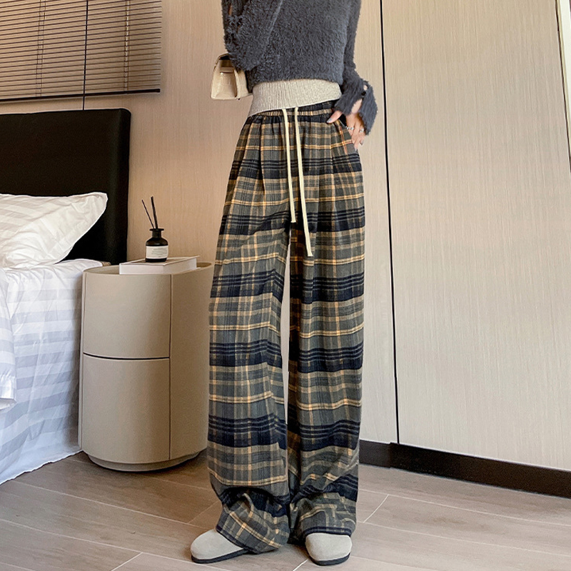 柔らかい 定番 チェック柄 裏起毛 ゴムウエスト ワイドパンツ
