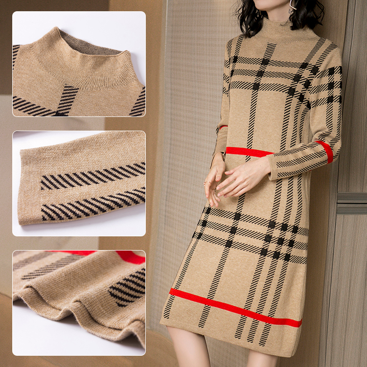 ニット ロング丈 チェック柄 ワンピース