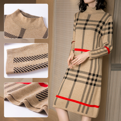ニット ロング丈 チェック柄 ワンピース