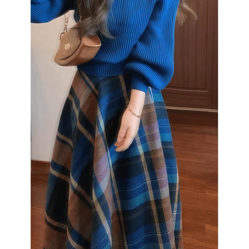 柔らかい チェック柄 ニット+スカート セットアップ