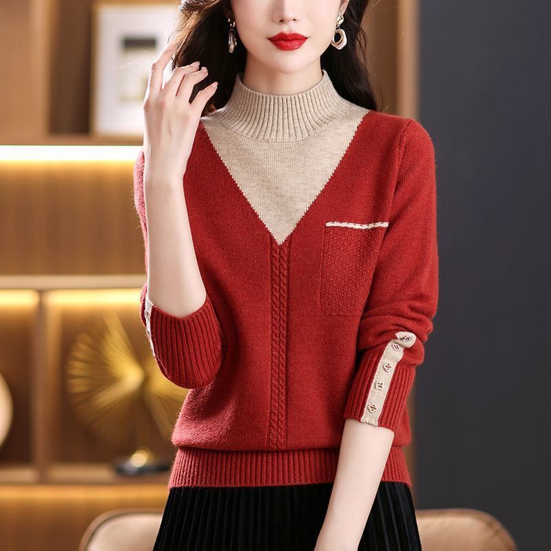 レディース ハイネック 配色 プルオーバー ニット 