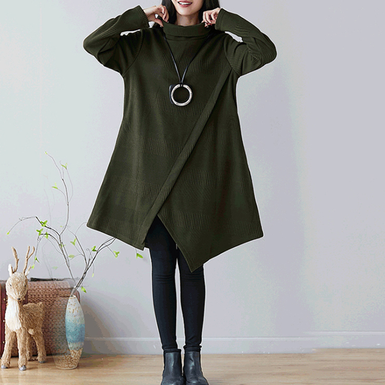 厚手 無地 コットン ラウンドネック カジュアルワンピース