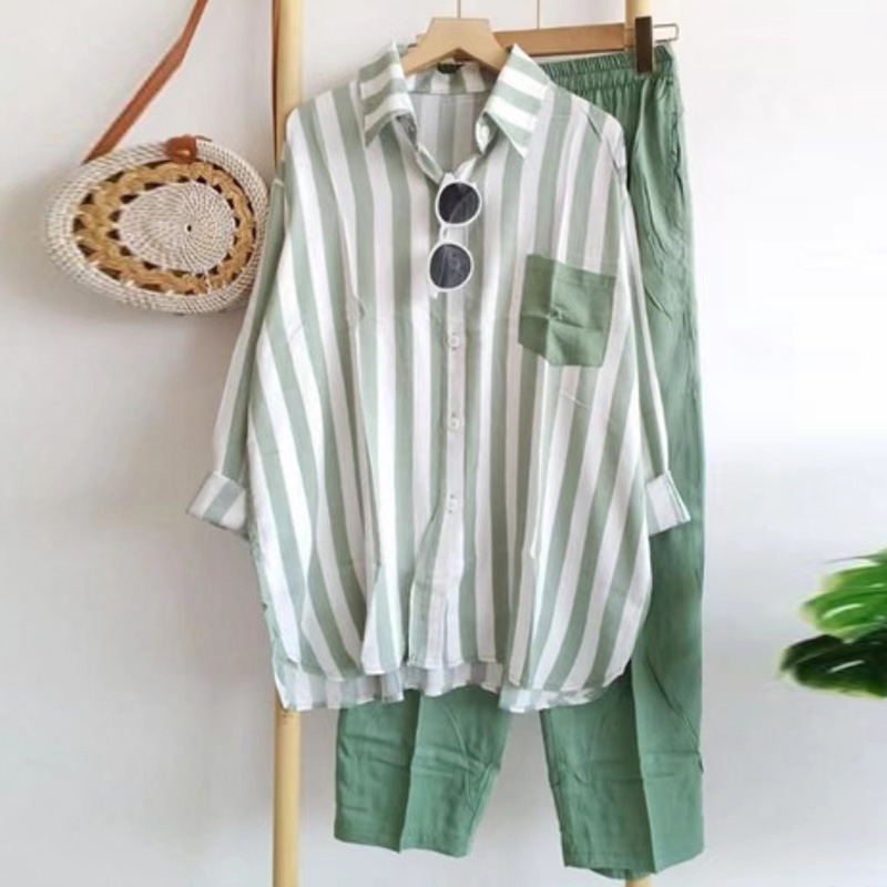 レディース カジュアル ストライプ柄 長袖 シャツ 上下セット