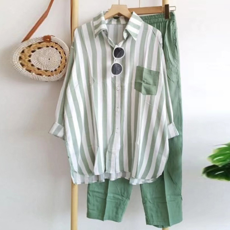 レディース カジュアル ストライプ柄 長袖 シャツ 上下セット