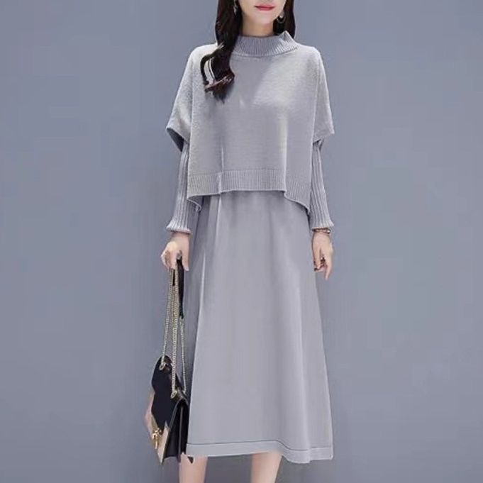 韓国スタイル 長袖 ニット 無地 ロング ワンピース