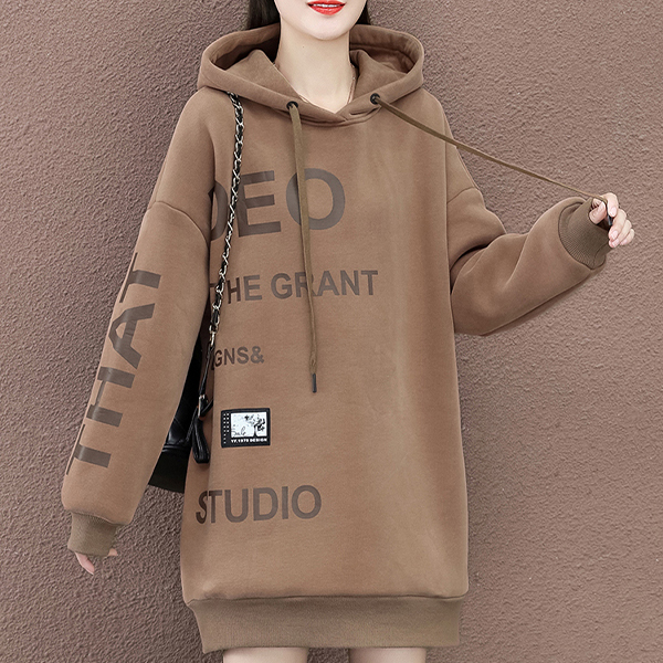 レディース 裏起毛 フード付き ロング丈 アルファベット パーカー