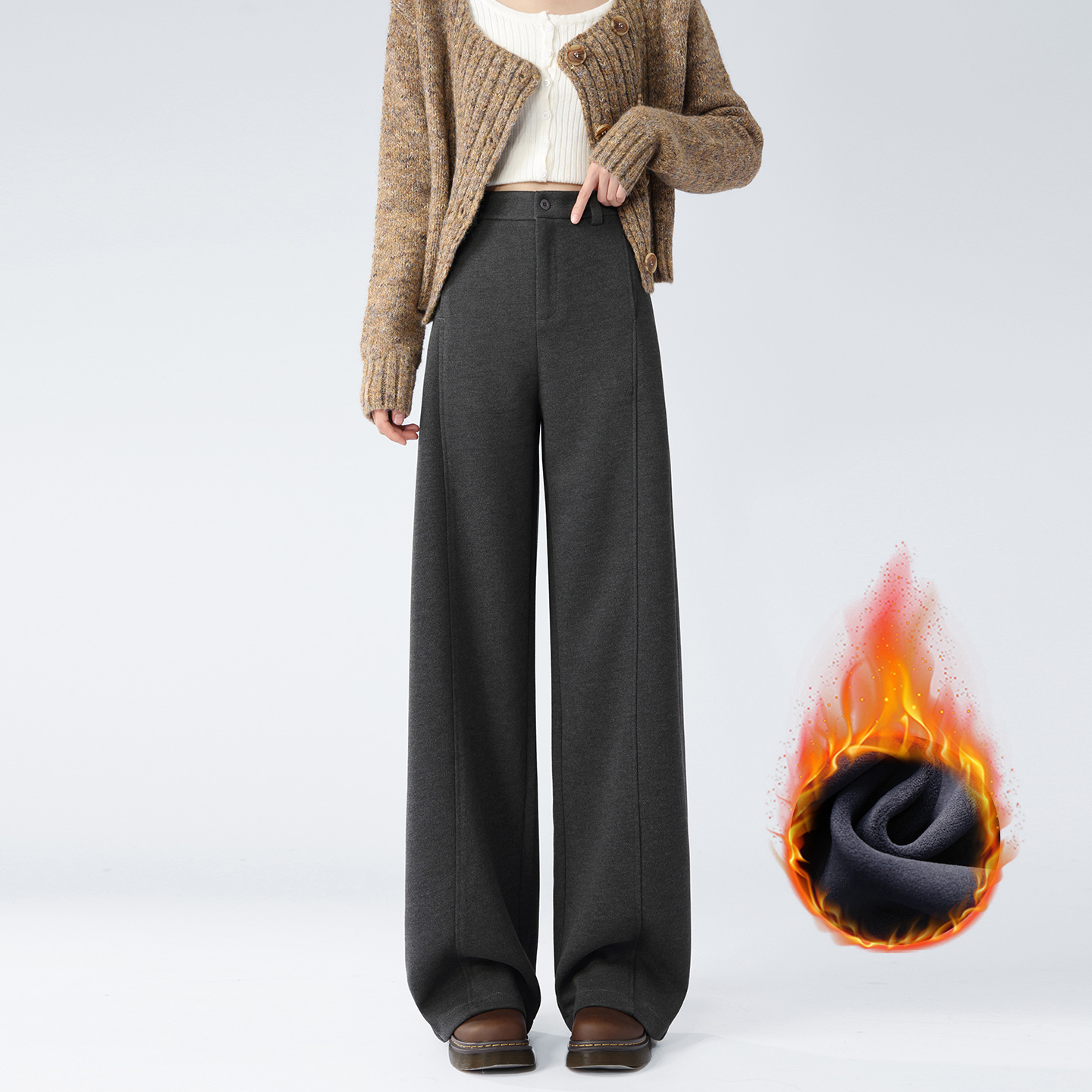 暖か 無地 カジュアル シンプル ハイウエスト ウイドパンツ