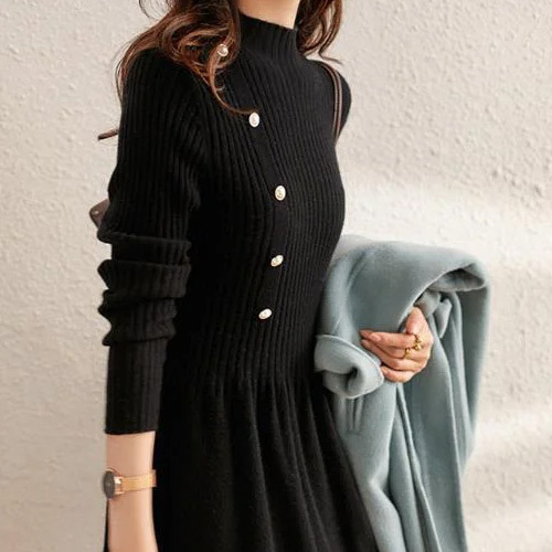 大活躍 ボタン付き 無地 カジュアル ニットワンピース