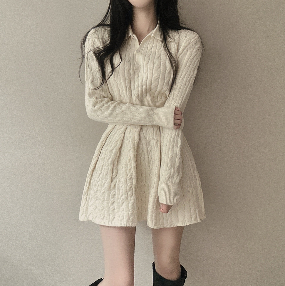 合わせやすい ボタン付き 襟付き ニット+無地 ミニスカート セットアップ