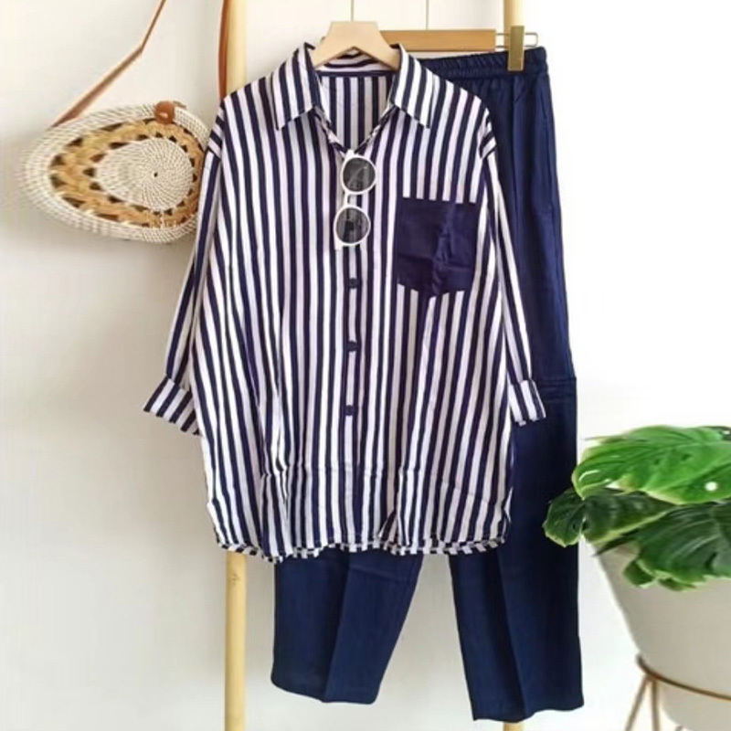 レディース カジュアル ストライプ柄 長袖 シャツ 上下セット