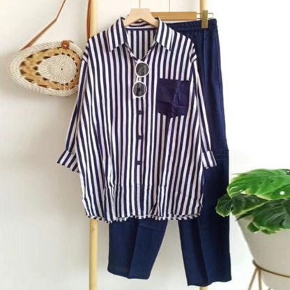 レディース カジュアル ストライプ柄 長袖 シャツ 上下セット