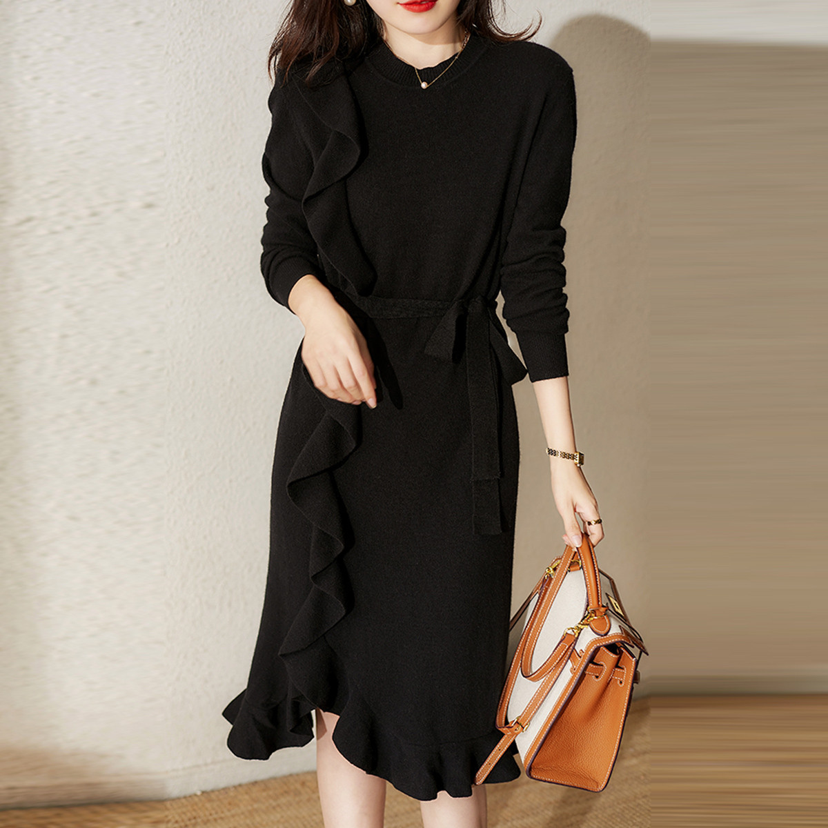 無地 カジュアル シンプル ロング丈 ニットワンピース