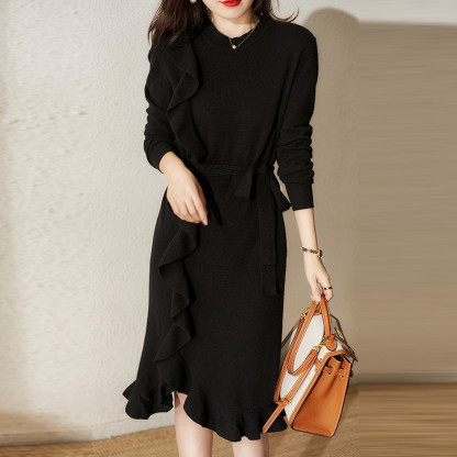 無地 カジュアル シンプル ロング丈 ニットワンピース