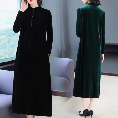 無地 ボタン付き エレガント ベルベット ワンピース