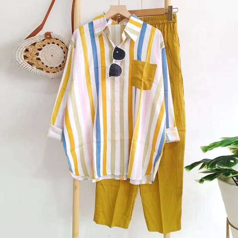 レディース カジュアル ストライプ柄 長袖 シャツ 上下セット